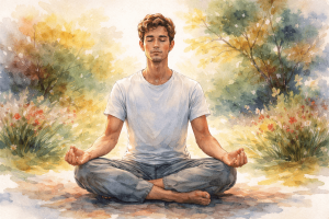 A water color painting of a man meditating in a forest