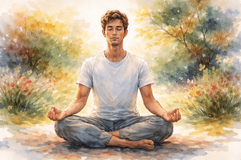A water color painting of a man meditating in a forest