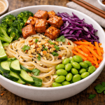 Vegan Peanut Tahini Rice Noodle Bowl with broccoli, edamame, and sesame seeds