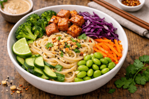 Vegan Peanut Tahini Rice Noodle Bowl with broccoli, edamame, and sesame seeds